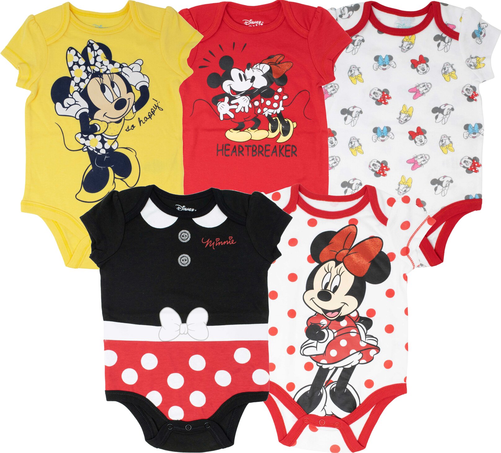 Disney Mickey Mouse Donald Duck Minnie Mouse Newborn Baby Girls 5 Pack Bodysuits Newborn to Infant